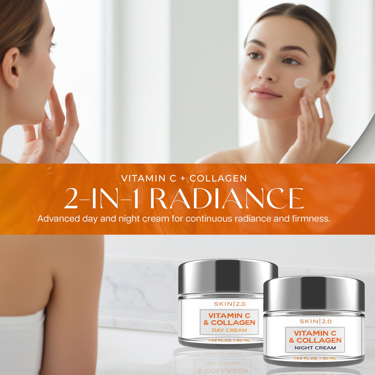 Skin 2.0 Vitamin C & Collagen Face Moisturizer – Anti Aging Day & Night Cream for Smooth & Radiant Skin, Firms & Restores Dull Complexion – Dermatologist Tested, Korean Skin Care Set, Vegan – Duo Pack