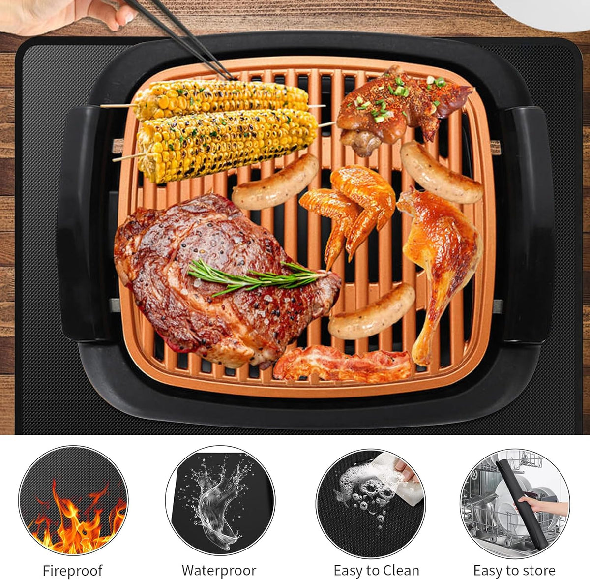 Heat Resistant Grill Mat, 24 x 36 inches Double-sided fireproof and waterproof BBQ protection mat Multi-Purpose for Grills Pizza Ovens Smokers Black