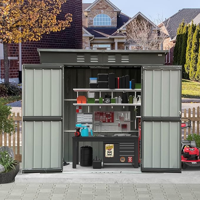 Domi Outdoor Storage Shed 5' x 3’, Metal Garden Shed with Galvanized Steel Frame for Bike, Tools, Lawn Mowers, Pool Toys, Outdoor Storage Cabinet with Lockable Door for Garden Lawn Patio (Dark Grey)
