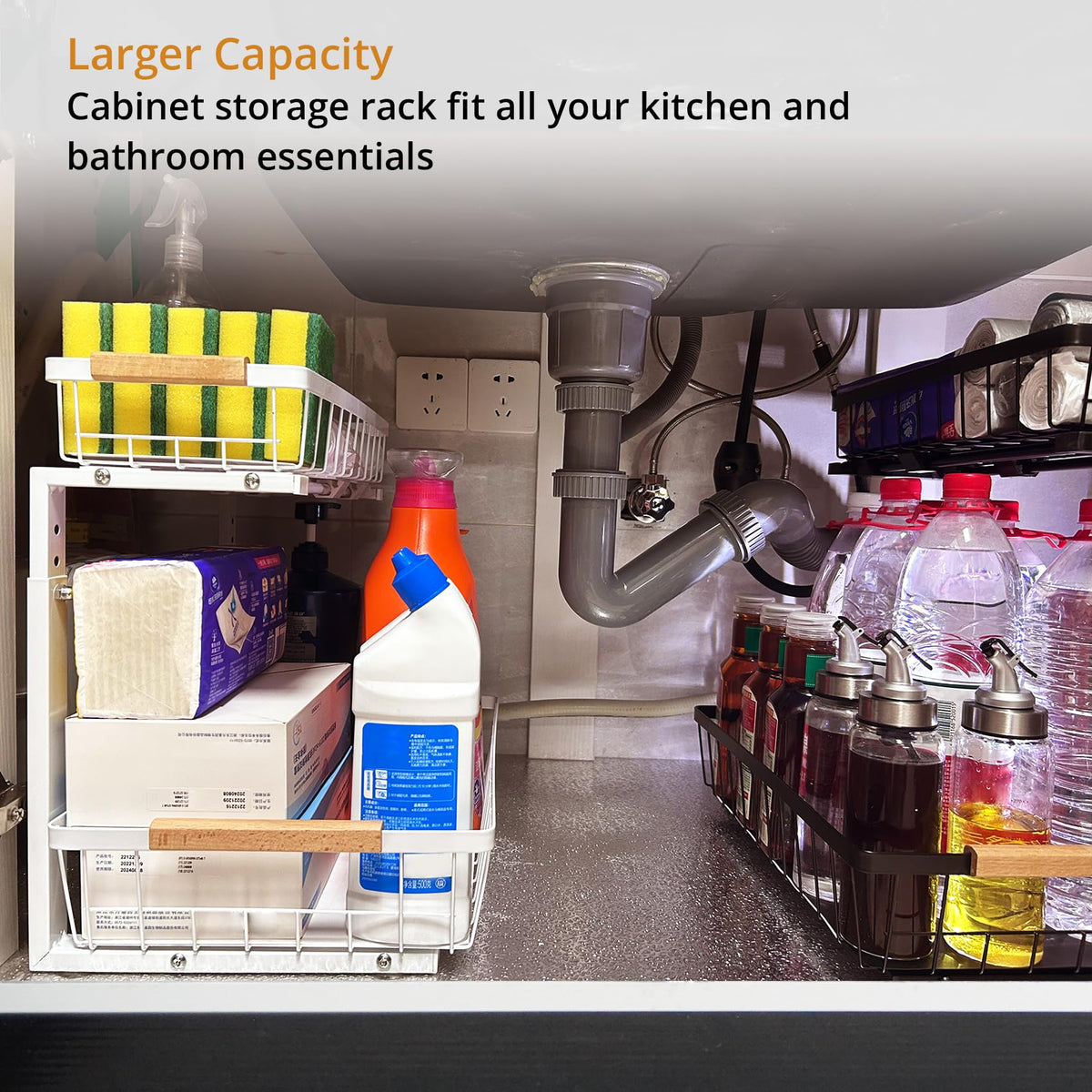 whalenoble Under Sink Organizer, 2 Tier Pull Out Cabinet Organizers and Storage for Kitchen Bathroom Pantry Laundry, Adjustable Height, Slide Out Thickened Metal Storage Shelf (Black, 1 Pack)