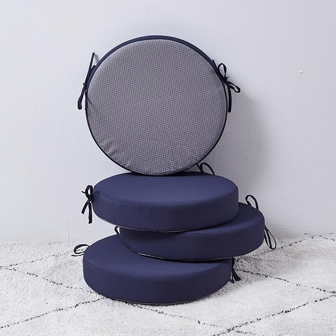 15 x 15 Inch Round Cushions for Outdoor Furniture Non-Slip Waterproof Patio Bistro Chair Cushion with Ties Bar Stool Seat Cushion for Kitchen Chairs Set of 4, Navy Blue