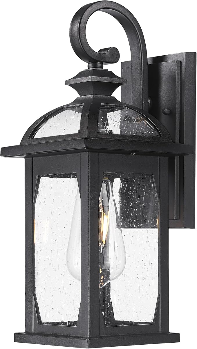 zeyu Outdoor Porch Light Wall Light Fixture, 15 Inch Exterior Wall Lighting for House, Die-Cast Aluminum with Seeded Glass, Black Finish, ZD100B BK
