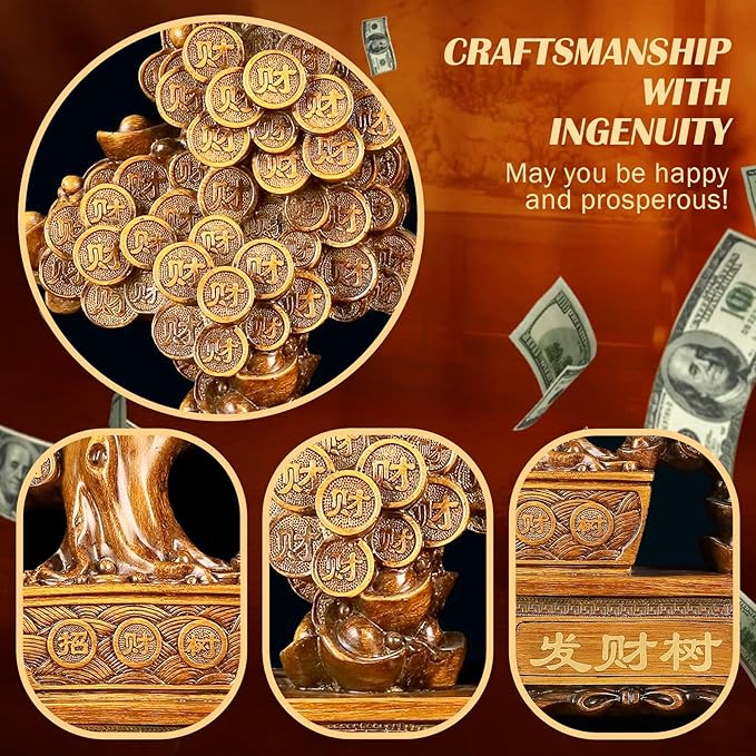 FENGSHUI-CAISHEN Top Resin Money Tree, Artificial Bonsai Tree, Handcrafted, Premium Quality, Feng Shui Gift for Abundance Luck and Success (Brown)