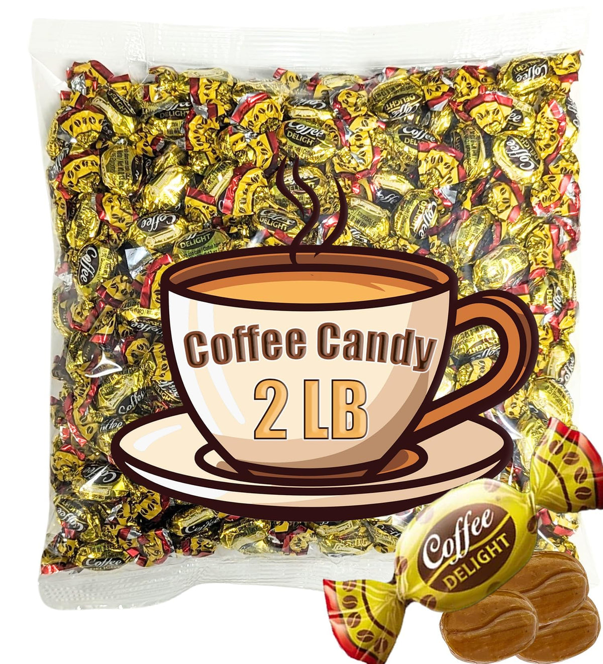 Coffee Candy Bulk - 2 LB Coffee Delight Hard Candy (210 pcs) Coffee Snacks Made with Real Colombian Coffee - Coffee Hard Candy Bulk Individually