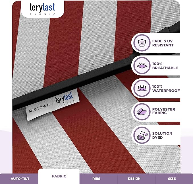 MIDTOWN UMBRELLAS The Lean 8 Feet Outdoor Umbrella With Terylast Red Stripes (Red/White Stripes) Polyester Fabric - 8 Ribs Aluminum Frame Patio Umbrella With Zinc Alloy Crank Lift And Auto-Tilt System