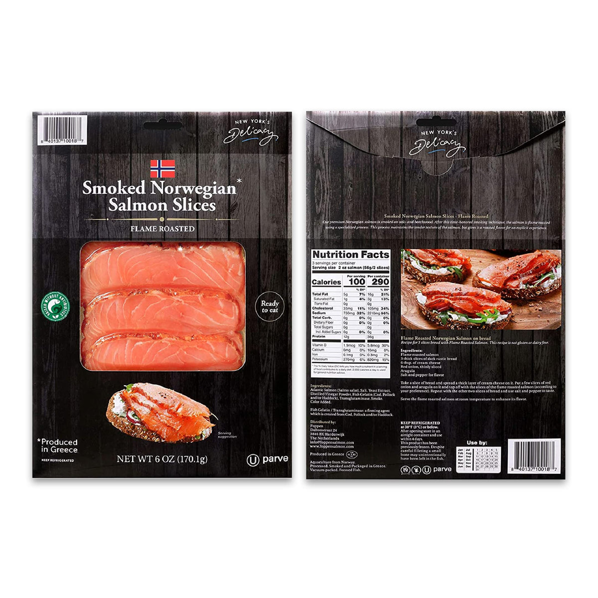 New York's Delicacy, Gourmet Norwegian Smoked Salmon Slices, Flame Roasted - [12 x 6 Oz.] - Ready to Eat, Smoked on Oak, Fully Trimmed, Kosher, Gluten
