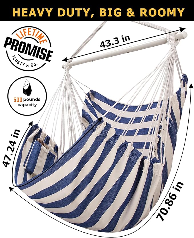 ADVOKAIR Hammock Chair Hanging Chair Rope Swing XXL - Max 500lbs, 70in Large Hammock Swing Chair -Portable Steel Spreader Bar with Anti-Slip Rings-Roomy & Strong