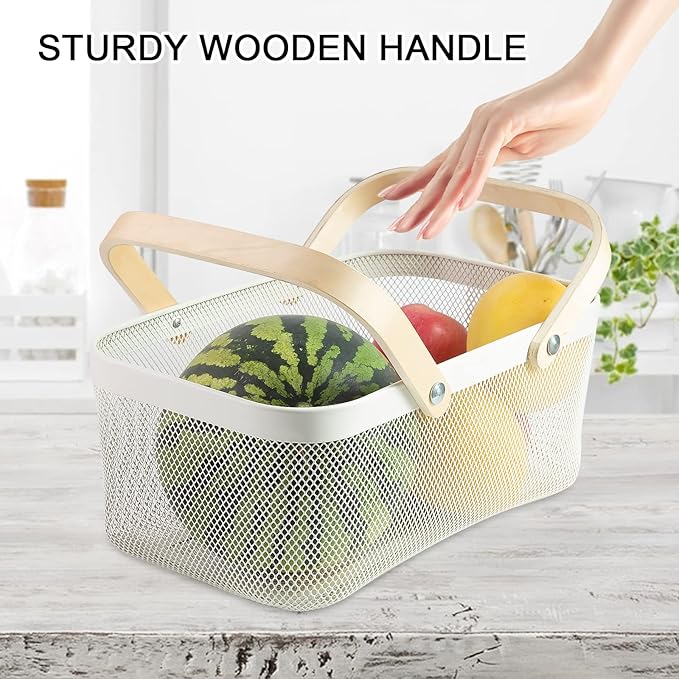 Portable Garden Harvest Basket-Mesh Design Natural Bamboo Handle Wire Storage Baskets,Mesh Basket with Handle Organize Items Reduce Space Occupation,Suitable for Kitchen,Garden,Picnic(White)