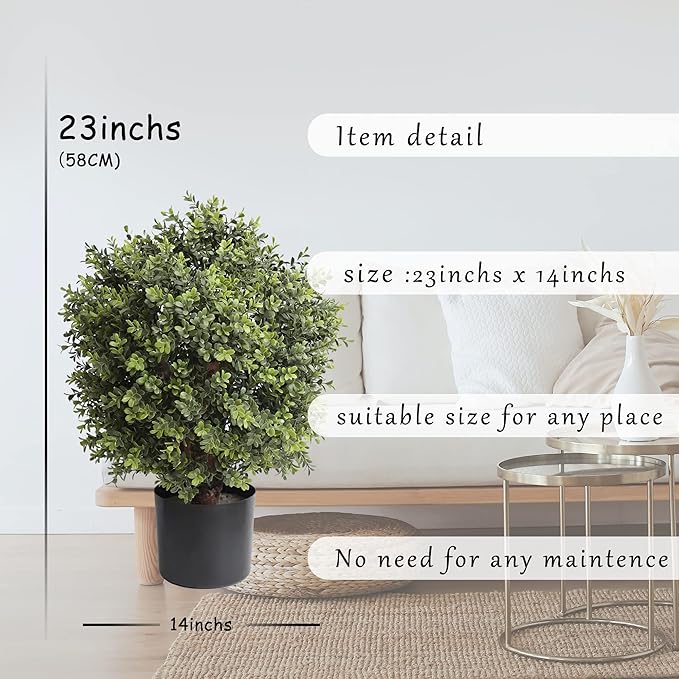 Artificial Topiary Ball Tree, 2 Pack Artificial Plants Outdoor, Ball Shaped Boxwood Topiary, Artificial Shrubs Potted for Indoor and Outdoor (22inch)