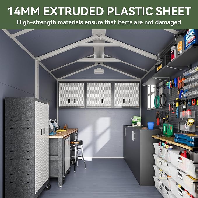 Aoxun 8 X 6.2 FT Resin Storage Shed Outdoor Plastic Large Garden Shed with Lockable Door, Floor for Backyard, Garden, Patio, Lawn, Grey (Grey, 8' x 6.2')