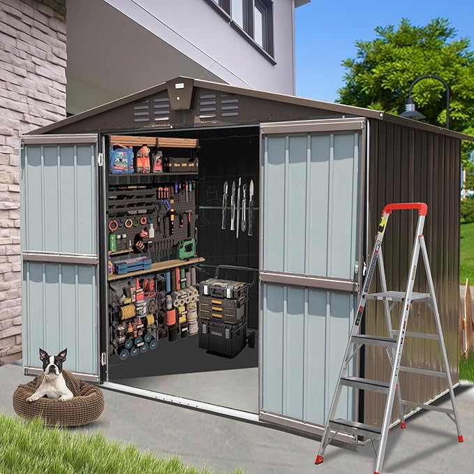 Domi Backyard Storage Shed 8.2’ x 6.2’ with Galvanized Steel Frame,Outdoor Garden Shed Metal Utility Tool Storage Room with Latches and Lockable Door for Balcony Lawn Poolside (Dark Brown)