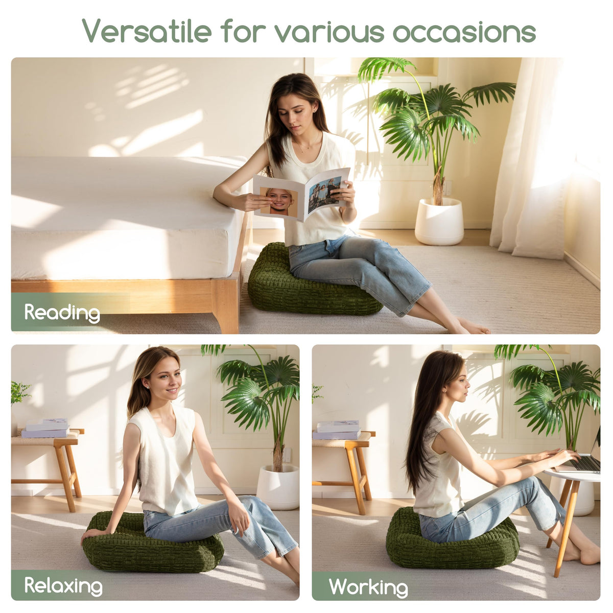 HIGOGOGO Floor Pillow Cushion for Adults, Meditation Cushion Pillow, Blended Corduroy Cover, Large Square Floor Sitting for Tatami Living Room or Yoga, 2Pack, Dark Green