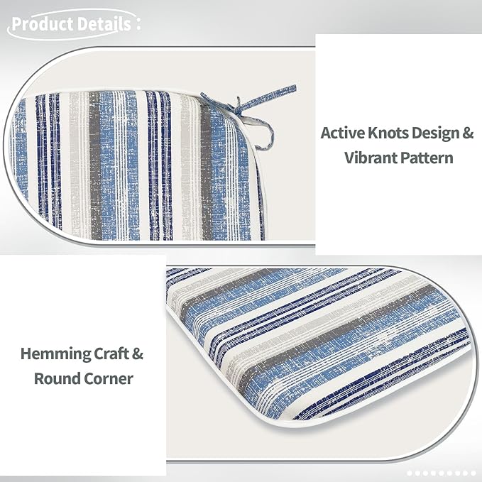 Indoor/Outdoor Chair Cushions 16x17 Inch, Patio Chair Cushions with Ties, All Weather Seat Cushions for Patio Furniture Home Garden Chair Use, Set of 4, Stripe Layered Blue