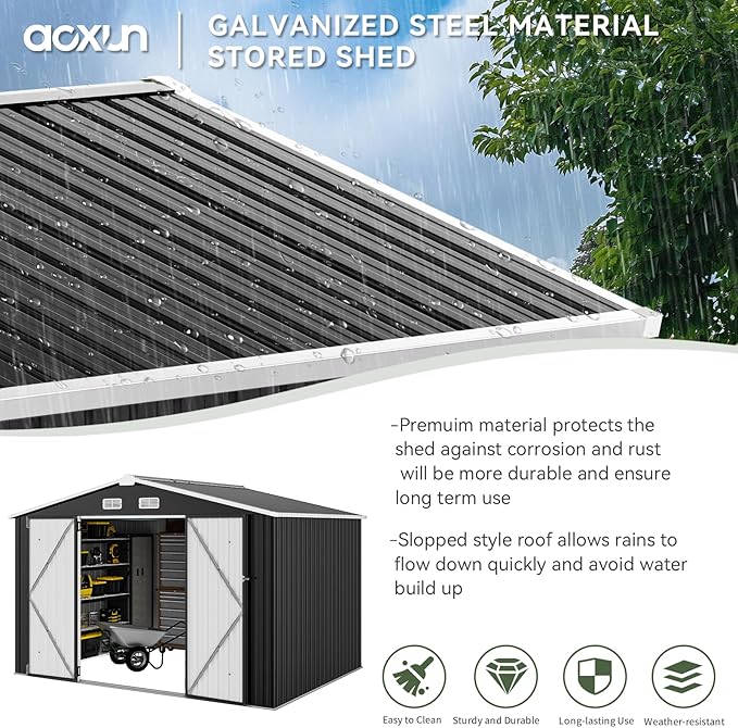 Aoxun 9.4x7.3x6.5 FT Outdoor Storage Shed, Garbage Can, Outdoor Metal Shed for Tool, Garden, Bike, Placed in Patio, Garden (Black)