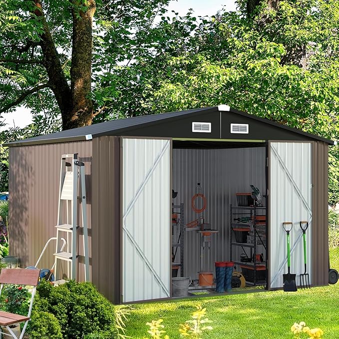 Aoxun 9.4x7.3x6.5 FT Outdoor Storage Shed, Garbage Can, Outdoor Metal Shed for Tool, Garden, Bike, Placed in Patio, Garden Brown Base Included