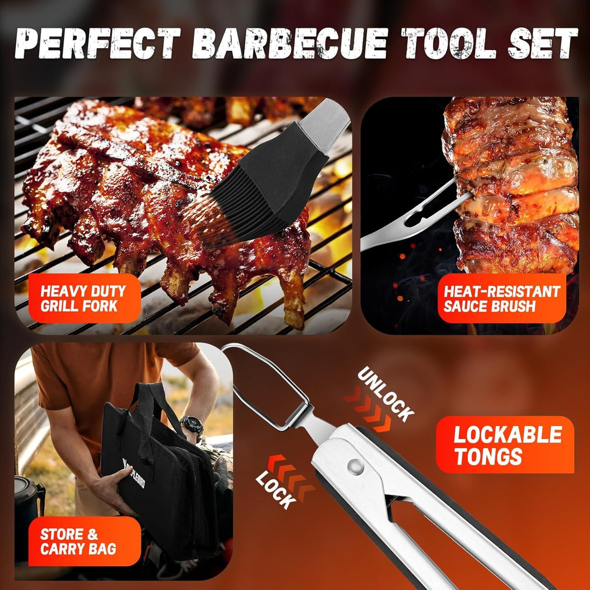 PURPLEBIRD Grill Set for Outdoor Grill 6 pcs - Heavy Duty Grilling Tools Set with Extra Long Handle, Stainless Grilling Accessories for Dad Gifts with Travel Bag, BBQ Utensils Kit for Outdoor Camping