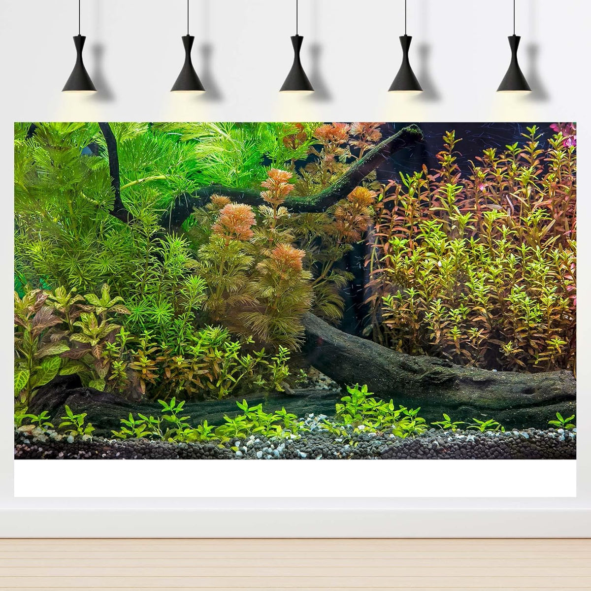 Aquarium Backdrop Underwater Grass Leaves with Pebbles Exquisite Aquarium Background Vivid Green Aquatic Plant Stone River Bed Fish Dead Wood Fresh Leaves Tank Background Decors Vinyl 24x12in