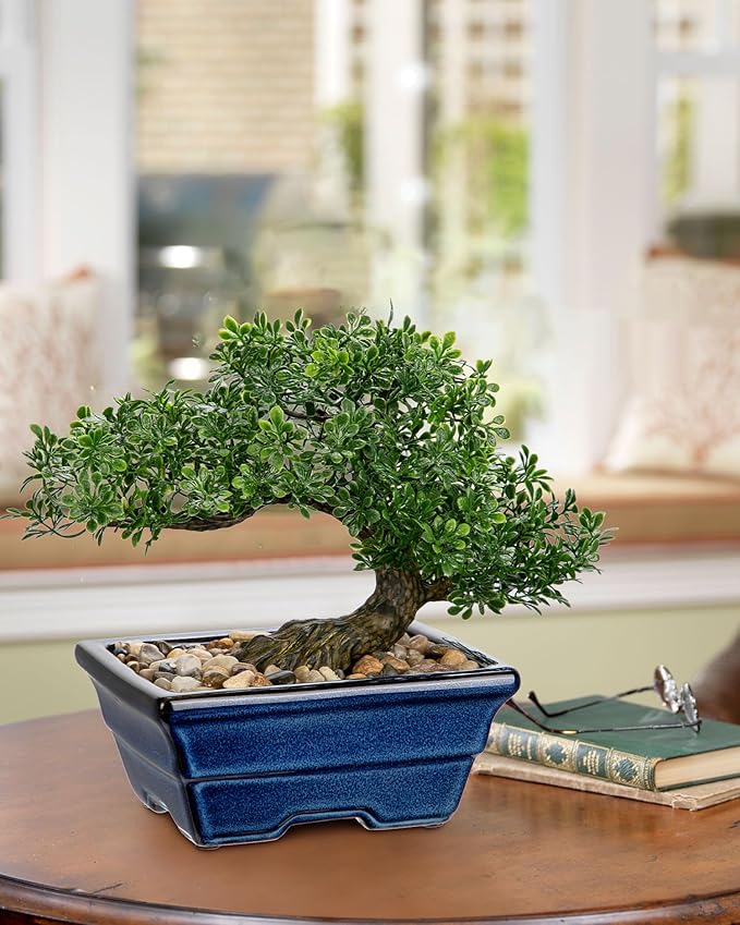 Artificial Bonsai Tree Faux Plants Indoor Fake Plants Decor with Blue Square Ceramic Pots for Home Table Office Desk Bathroom Shelf Bedroom Living Room Farmhouse Decorations
