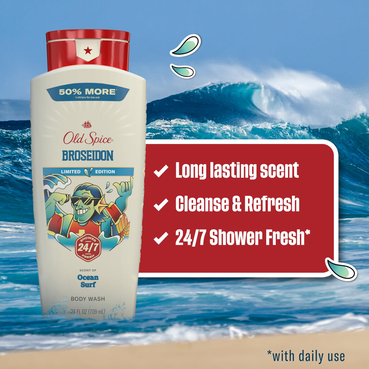 Old Spice Body Wash for Men, Summerdudes, 24/7 Shower Fresh with Daily Use, Long Lasting Scent, Cleanse & Refresh Skin, VIP Festival Experience, Broseidon with Ocean Surf Scent, 24 oz