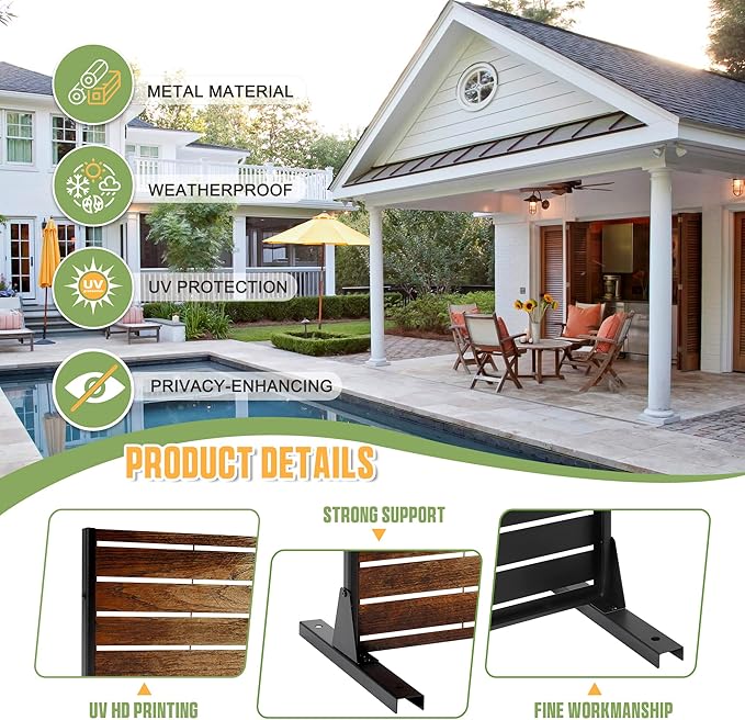 FENCY Metal Outdoor Privacy Screen 72" H×47" W Vintage Wood Color Patio Privacy Screen, Freestanding Decorative for Deck Balcony Patio