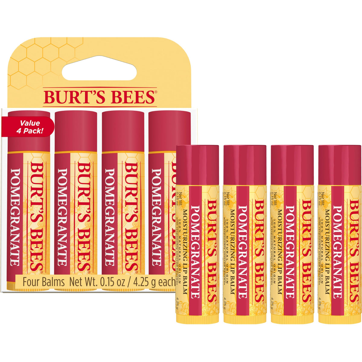 Burt's Bees Lip Balm, Pomegranate, 0.15 oz., 4 Tubes