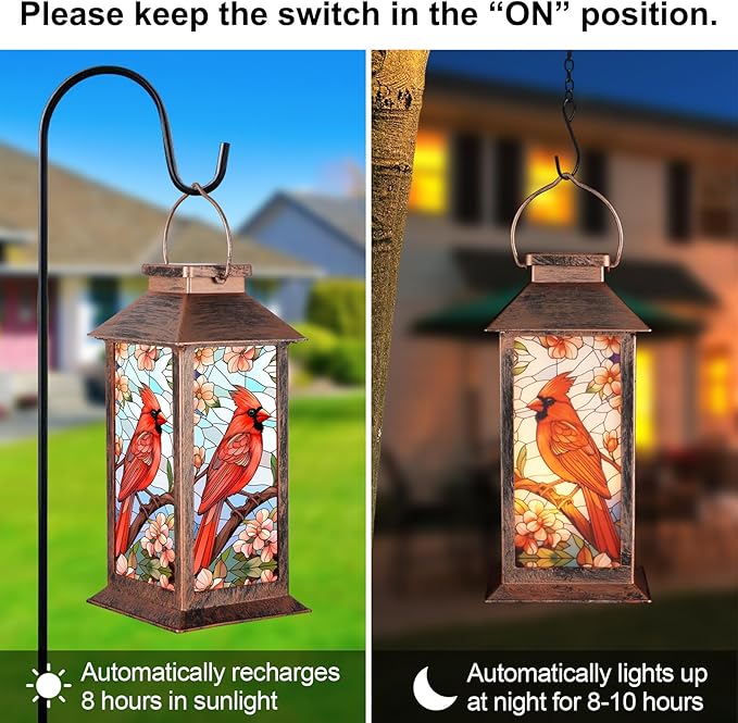 Solar Lantern Outdoor Waterproof Cardinal Garden Decor Birthday Gifts for Women Mom and Grandma Solar LED Plastic Decorative Hanging Light for Yard(Cardinal)