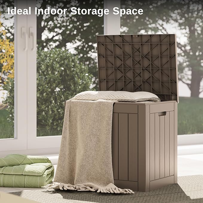 EAST OAK Outdoor Storage Box, 31 Gallon Deck Box, Waterproof Resin Storage Bin for Patio Cushions, Gardening Tools, Accessories, Lockable, UV Resistant, Brown