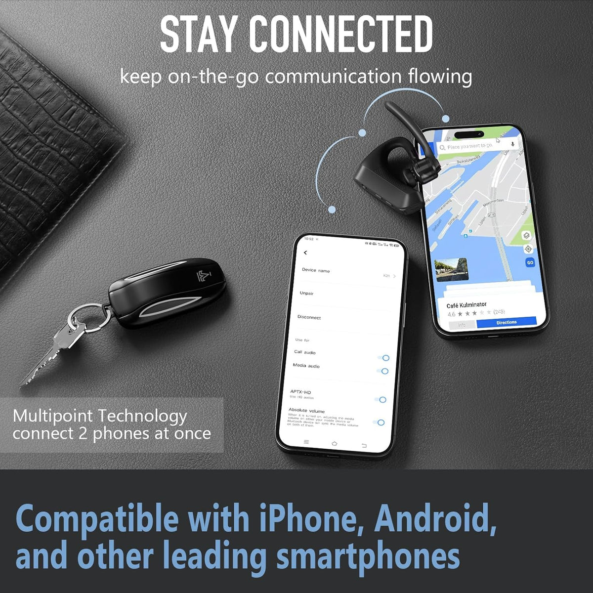 Conambo Bluetooth Headset 5.2 with CVC8.0 Dual Mic Noise Cancelling Bluetooth Earpiece 16Hrs Talktime Wireless Headset for Truck Driver iPhone Android Cell Phones