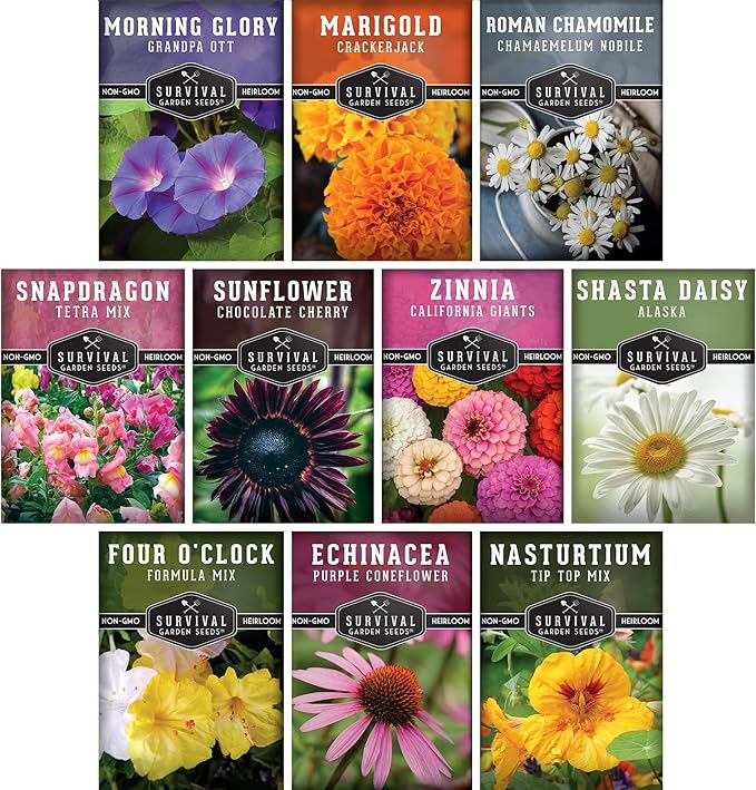 Survival Garden Seeds 10 Flower Collection - Four O’Clock, Chamomile, Shasta Daisy, Purple Coneflower, Marigold, Morning Glory, Nasturtium, Snapdragon, Sunflower, Zinnia - Non-GMO Heirloom Varieties
