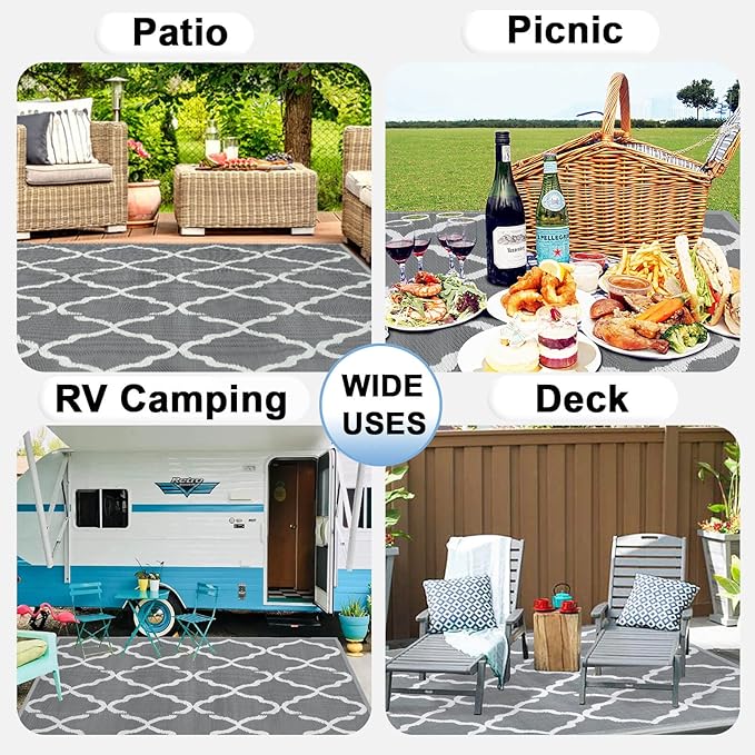 OutdoorLines Outdoor Plastic Area Rugs for Patio 6x9 ft - Reversible Outside Carpet, Stain & UV Resistant RV Mats, Straw Rug for Camping, Deck Garden, Porch and Balcony, Moroccan Grey & Light Grey