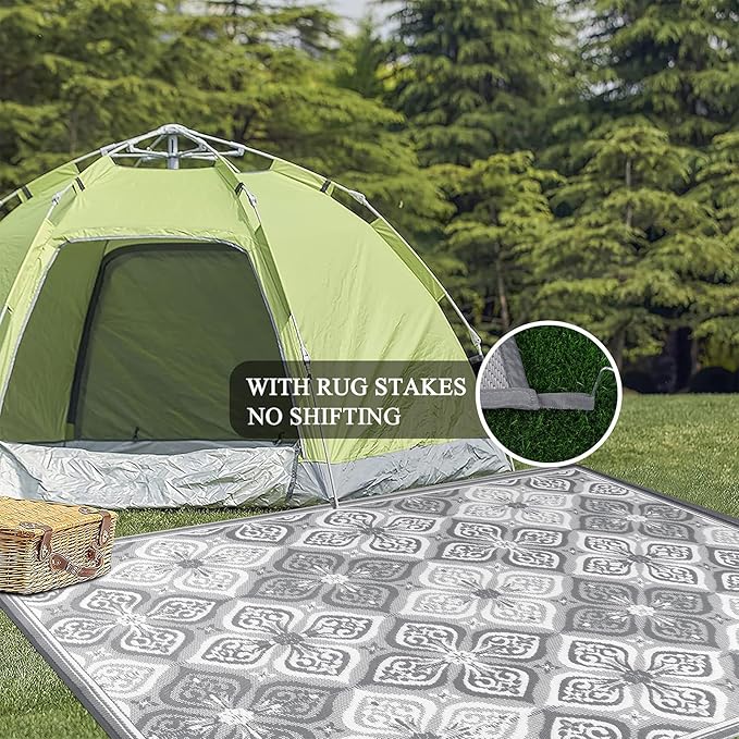 Pauwer Waterproof Outdoor Rug 8x10, Reversible Plastic Straw Patio Camping Rug, Indoor Outdoor RV Mat Carpet for Deck, Camper, Porch, Balcony, Backyard, Picnic, Clover Grey