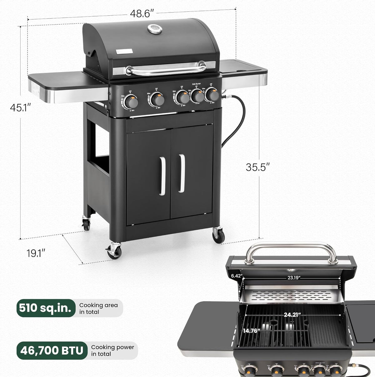 2 in 1 Propane Gas BBQ Grill with Side Burner & Porcelain-Enameled Cast Iron Grate, 4-Burner Flat Top Griddle, 46,700 BTU Outdoor Barbecue Propane Griddle Grill Combo for Camping, Patio, Backyard