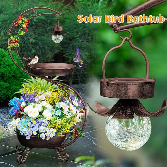 Bird Bath for Outside with Solar Lamp, 36" Birdbaths for Outdoors with Planter Flower Pot, Metal Bird Bath Bowl for Garden Yard Decor (All Vintage Brown)