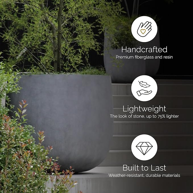 Mondo Large Planter – Sand Stone Finish – Fiberglass Indoor/Outdoor and Weather-Resistant Round Planter (19.7" D x 19.1" H Exterior, 18.5" D x 18.5" H Interior)