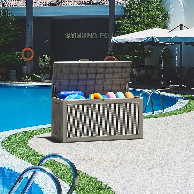 NUNU LAB 102 Gallon Large Waterproof Resin Deck Box, Lockable Outdoor Storage Box with Gas Lift, Patio Cushions, Garden Tools, Pool Supplies, Indoor Outdoor Storage Container, Grey