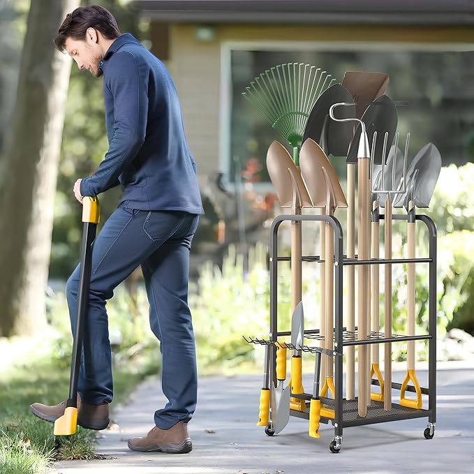 Ultrawall Garden Tool Organizer Stand, Yard Tool Storage Rack with Lockable Wheels, Garage Tool Storage for Rake, Brooms, Indoor & Outdoor Use
