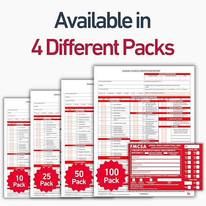 10 Pack 3-Ply Carbonless Annual Vehicle Inspection Report Forms with FMCSA Red Aluminum Adhesive Labels, DOT Inspection Forms and Stickers, Shrink-Wrapped, 8.5" x 11.75" - Made in USA