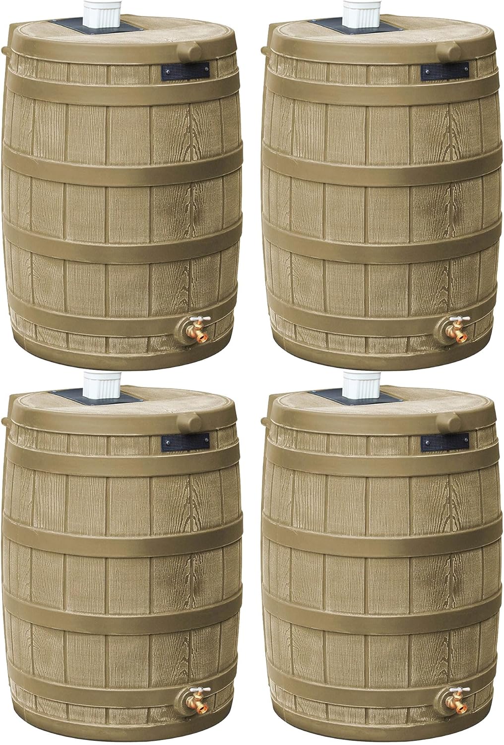 Good Ideas Rain Wizard 50 Gallon Plastic Outdoor Home Rain Barrel Water Storage Collector with Brass Spigot and Flat Back Design, Khaki (4 Pack)