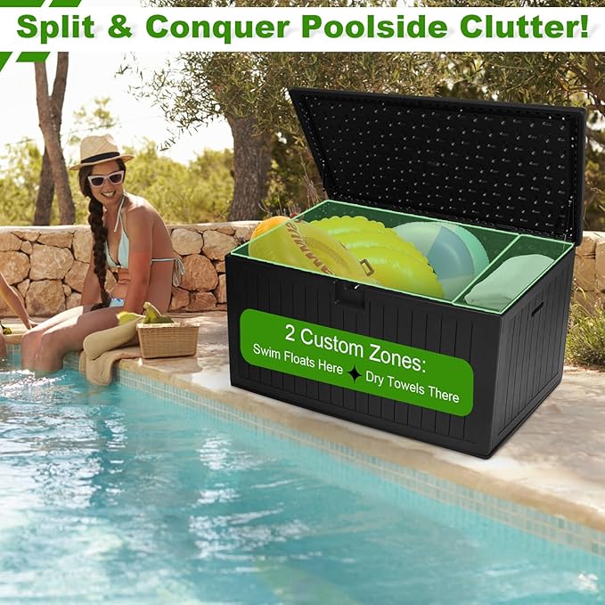 230 Gallon Outdoor Storage Box Waterproof, Extra Large Plastic Outside Deck Box Weatherproof, Resin Patio Storage Bin with Lock and Lids for Pool Equipment and Cusion