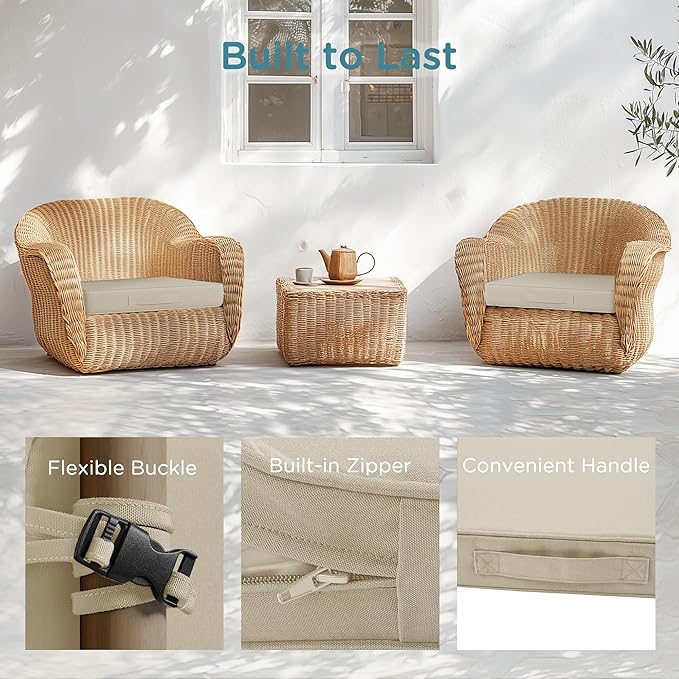 Codi Outdoor Cushions for Patio Furniture 24x24 Inch, Waterproof Chair Seat Cushion with Handles & Adjustable Straps, Fade Resistant - Set of 2, Beige
