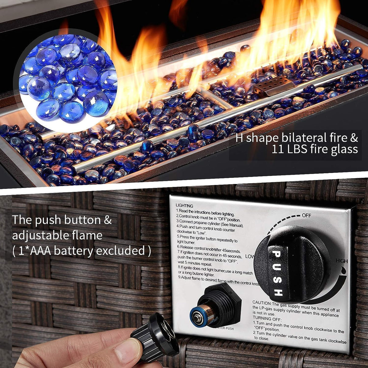 U-MAX 44in Outdoor Propane Gas Fire Pit Table, 50,000 BTU Auto-Ignition Gas Firepit with Glass Wind Guard, Black Tempered Glass Tabletop & Blue Glass Rock, Brown PE Rattan, CSA Certification