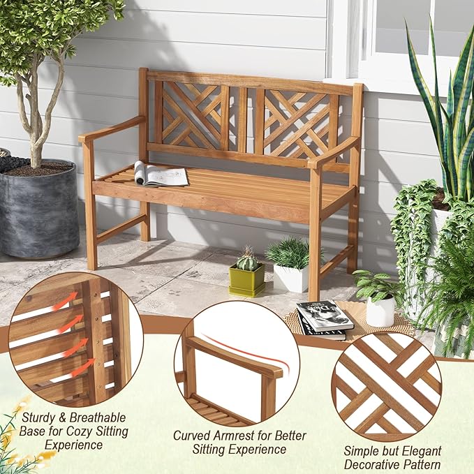 Giantex Outdoor Wooden Garden Bench - 2-Person Acacia Wood Loveseat with Armrests, Backrest, 800lbs Capacity, Patio Park Bench for Backyard, Front Porch Bench (Non-Foldable)