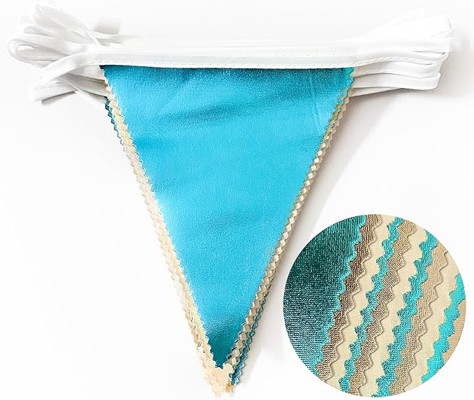 Champagne Gold Sky Blue Beige Decorations Metallic Fabric Triangle Pennant Banner Bunting Flag Garland for Birthday Baby Shower Engagement Wedding Graduation Bridal Shower Party Decorations Supplies