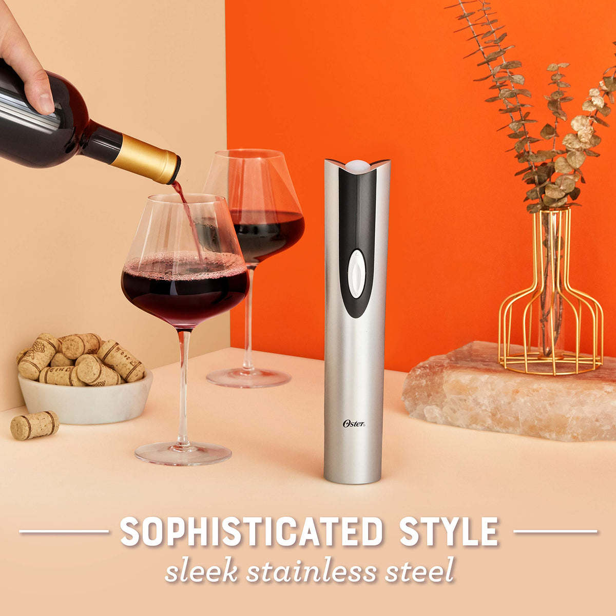 Oster Cordless Electric Wine Bottle Opener with Foil Cutter, Silver