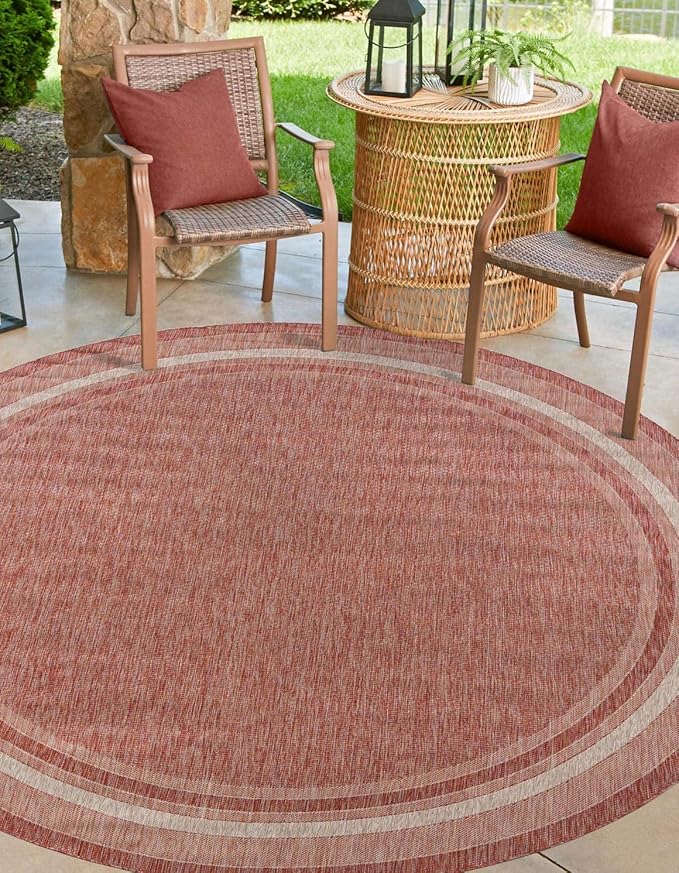 Unique Loom Outdoor Border Collection Area Rug - Soft Border (13'Round, Rust Red/ Ivory)