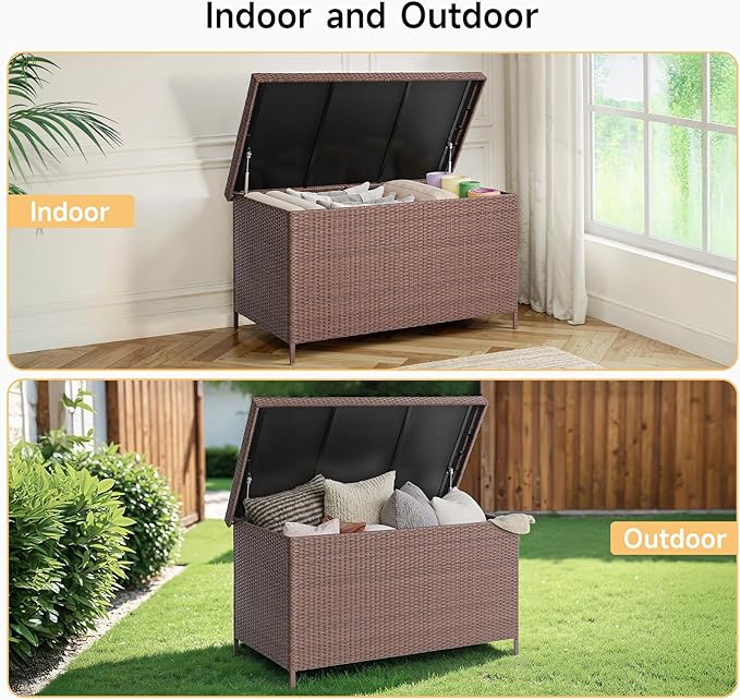 158 Gallon XL Deck Box with Lid, All Weather Wicker Outdoor Storage Box Waterproof, Large Outdoor Patio Storage Bin for Cushions, Garden Tools, Gears, Pool Accessories, Brown