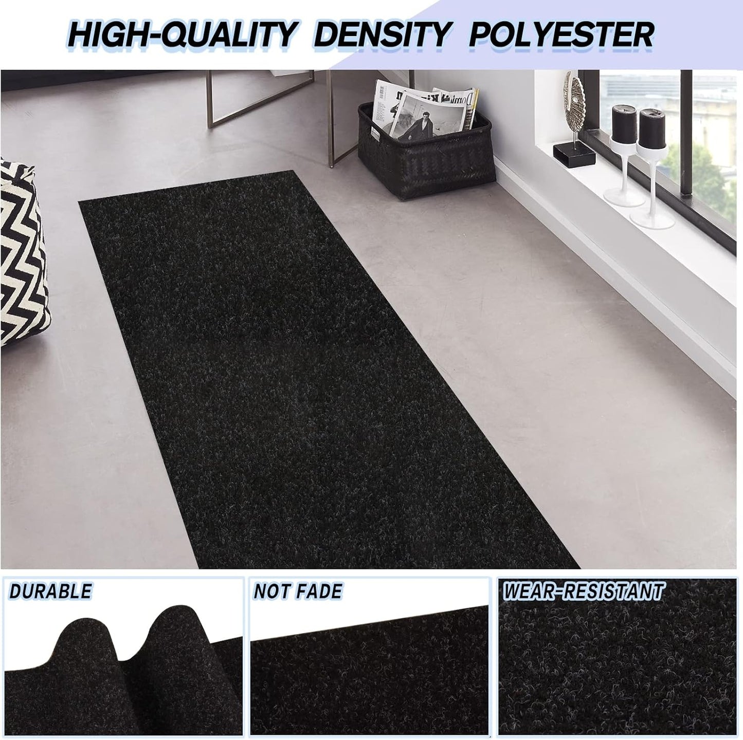 Custom Size Backed Non-Slip Area Rugs Runner, Easy Clean, Waterproof Runner Rugs for Hallway Entryway, Kitchen, Laundry, 2FT x 73FT, Black