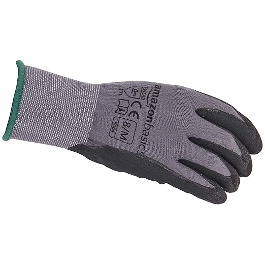 Amazon Basics Micro-Foam Nitrile Coated Work Gloves, Nylon Liner Fiber, Touch Screen, Size 8/M, 12 Pairs, Grey