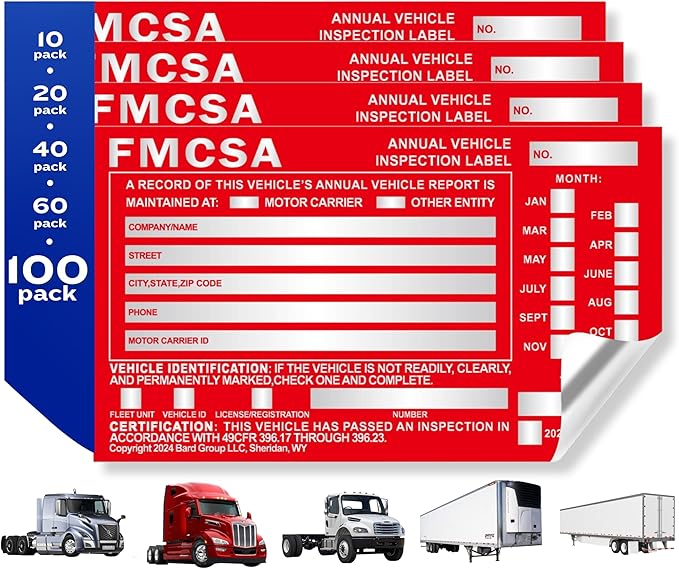 100-Pack DOT Compliant Aluminum Annual Vehicle Inspection Label – Red FMCSA Label with Punch Boxes