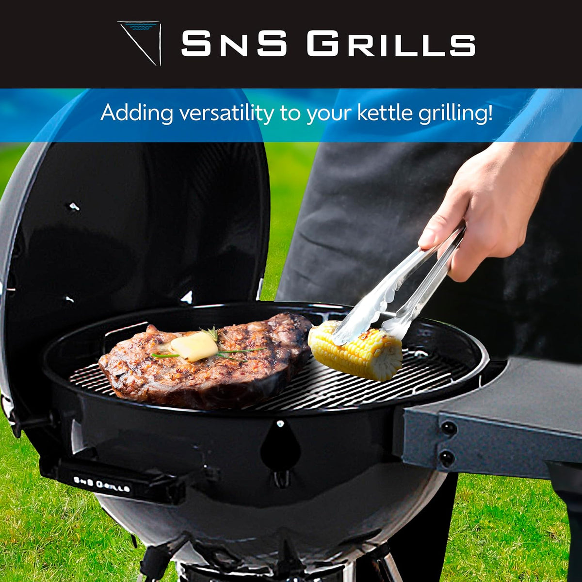 SnS Grills EasySpin Charcoal Grill Cooking Grate, 304 Stainless Steel, Large Hinged Opening, Perfect for 2-Zone Cooking, Replacement Grate Compatible with Weber & Other Grills - 18” Inches